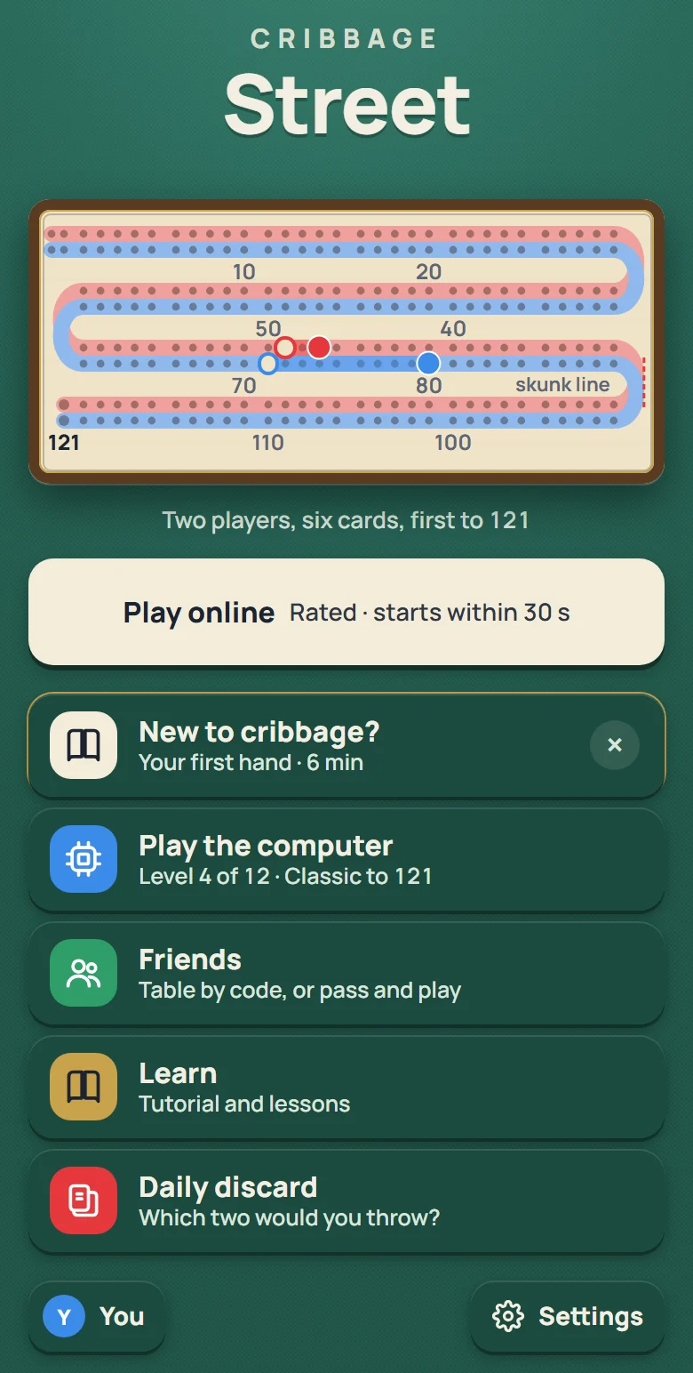 The app’s home screen: every way to play