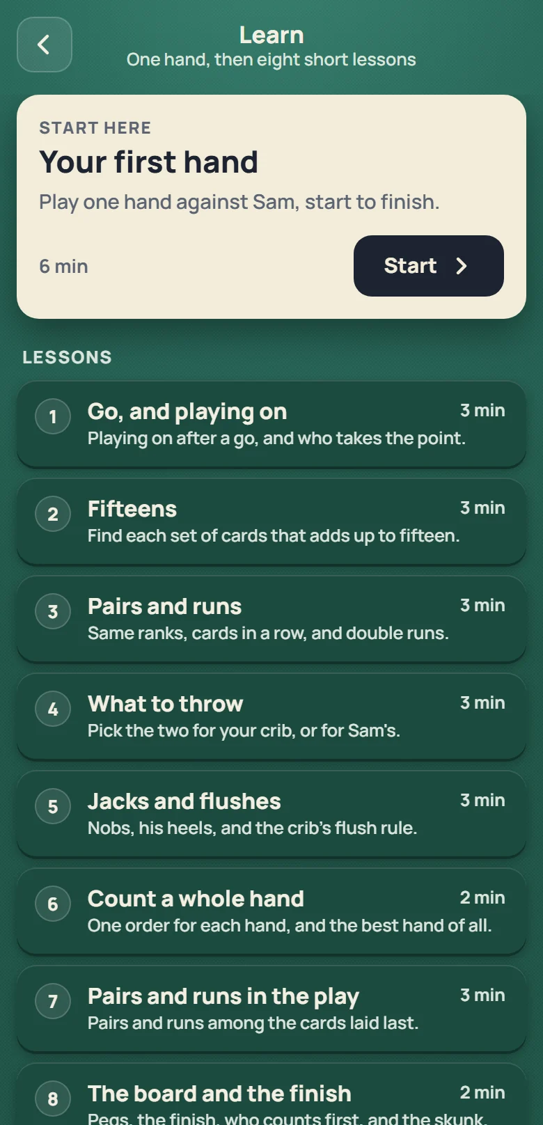 The app’s Learn screen: your first hand, then the lessons, each with its minutes