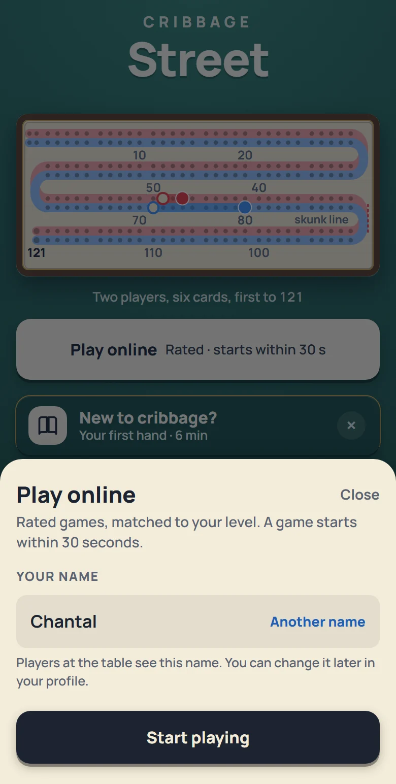 The app’s Play online sheet over Home: rated games matched to your level, the name to show at the table, and Start playing