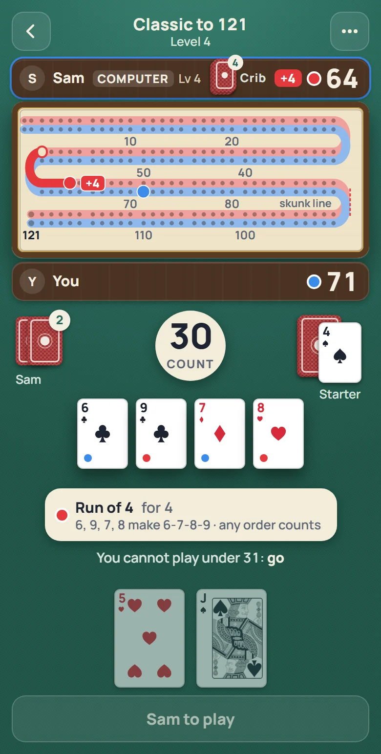 The app’s table during the play: a run of four, the count at 30